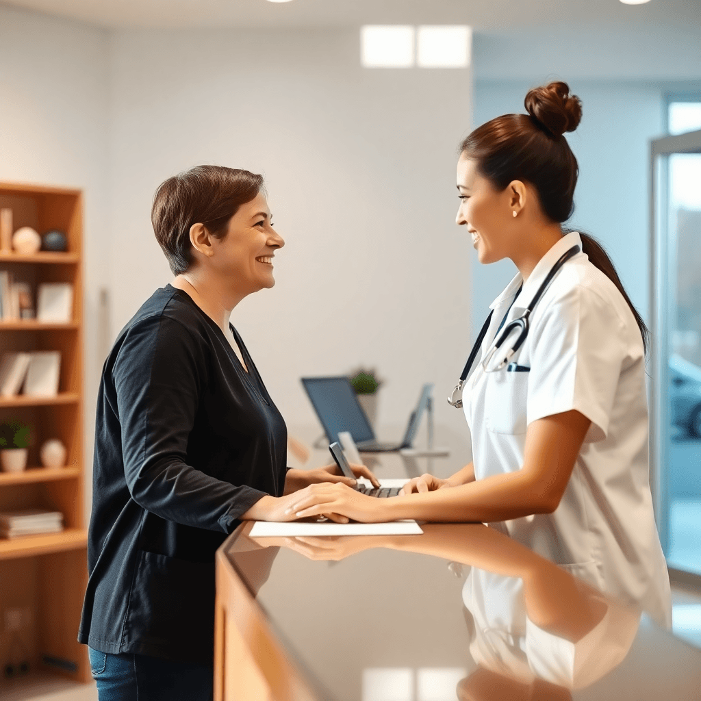 Healthcare receptionist helping patient at clinic front desk